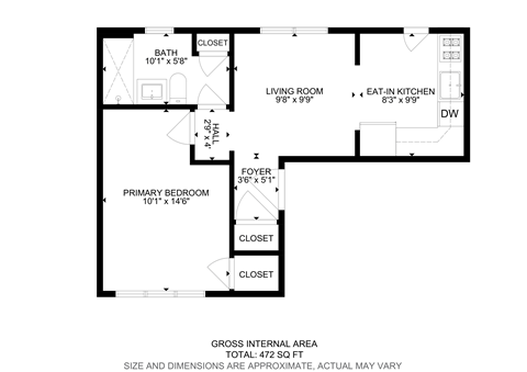 Floor plan for 1 bed, 1 bath, 650 sqft